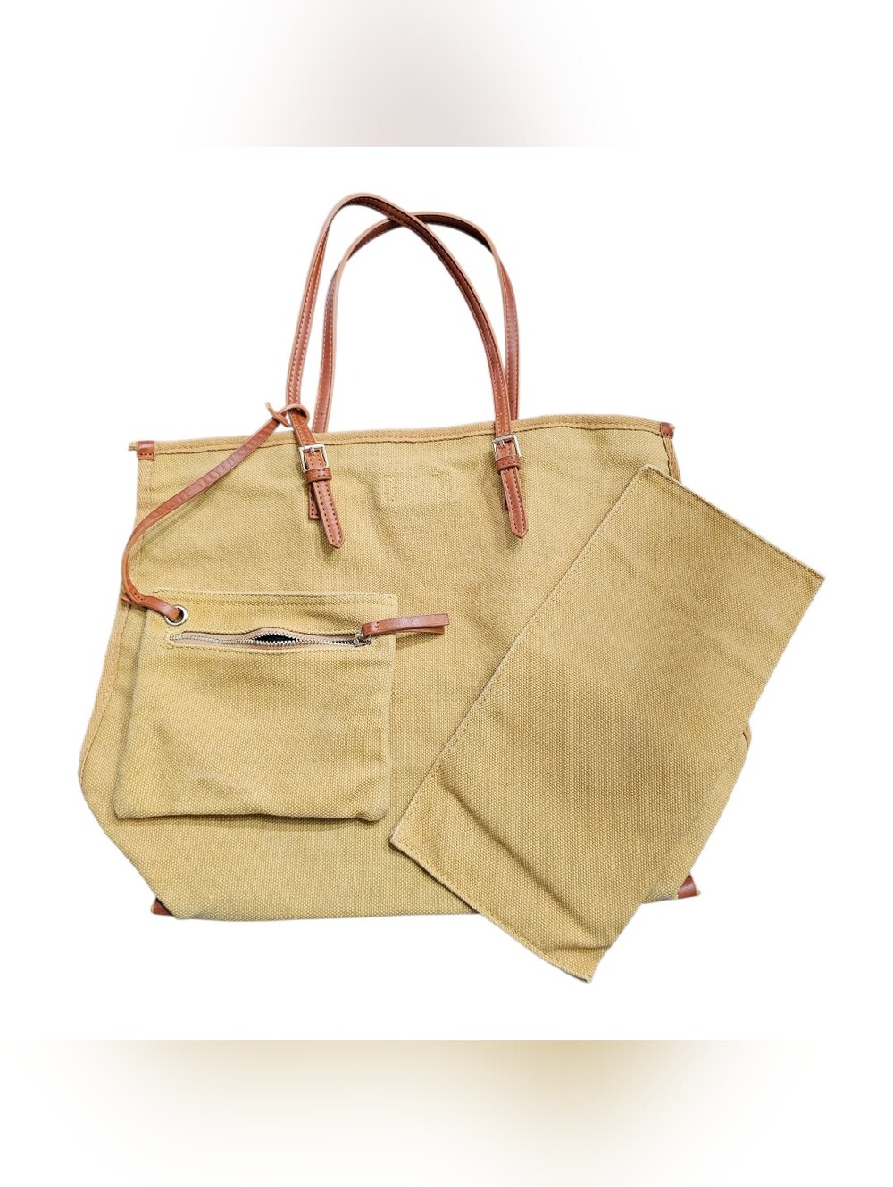 Carly Jean Los Angeles Canvas Tote Bag with Matching Zipper Pouch Tan Yellow - Picture 7 of 8